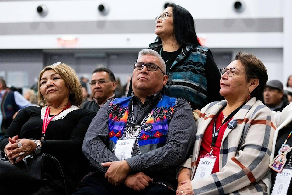 David Pratt, centre, is seen with supporters following the fifth round of voting at the Assembly of First Nations special chiefs assembly in Ottawa, on Wednesday, Dec. 6, 2023. THE CANADIAN PRESS/Spencer Colby 