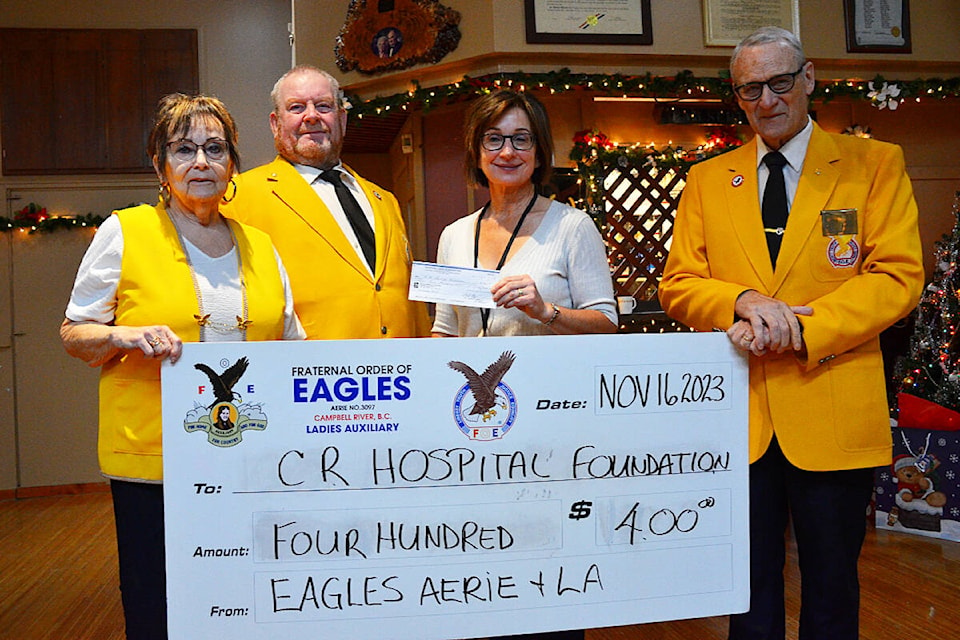 The Fraternal Order of the Eagles donated $400 to the Campbell River Hospital Foundation. Photo by Alistair Taylor/Campbell River Mirror 