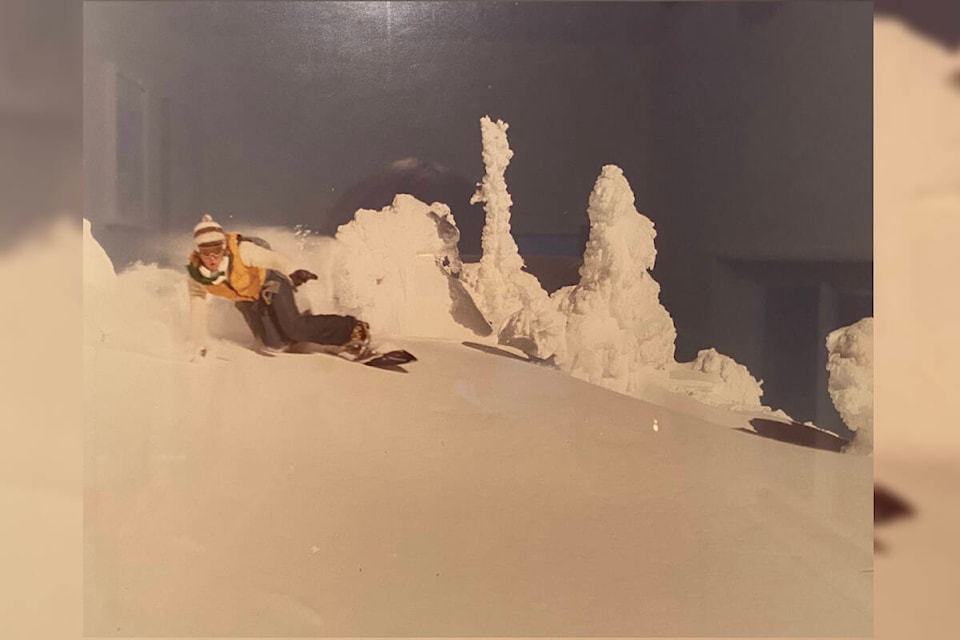 A young Jim Howe tries out his Winterstick Swallow Tail snowboard at Big White in Jan. 1980. (Contributed) 