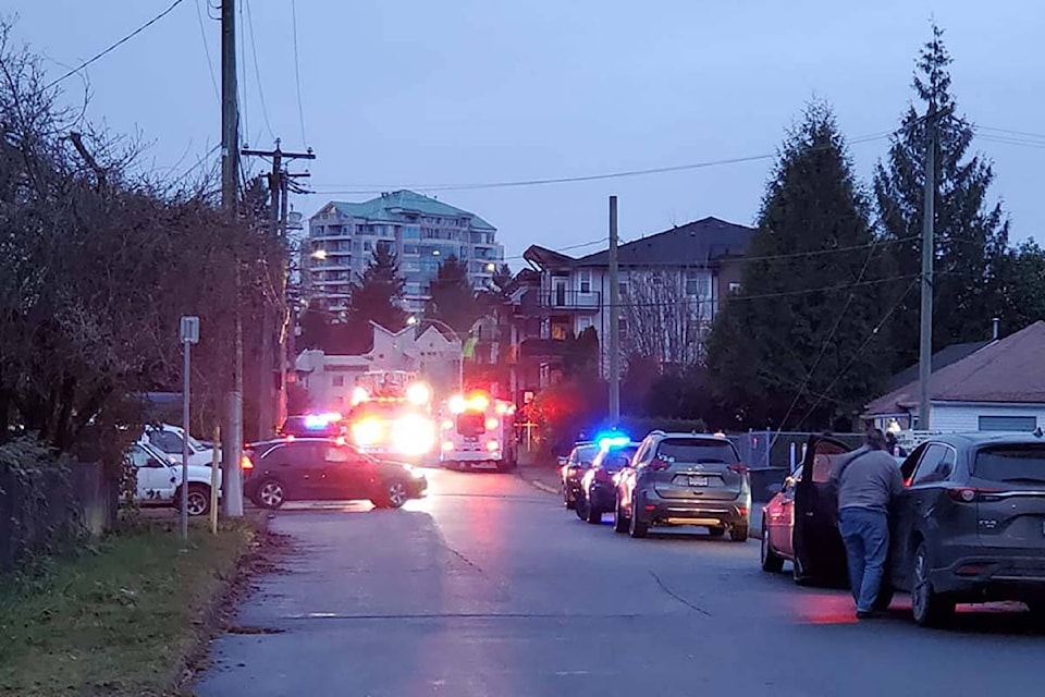 A large police presence was at Robertson Avenue and Ware Street in Abbotsford on Thursday evening (Nov. 30). (Photo by Kamaldeep Singh Saran) 