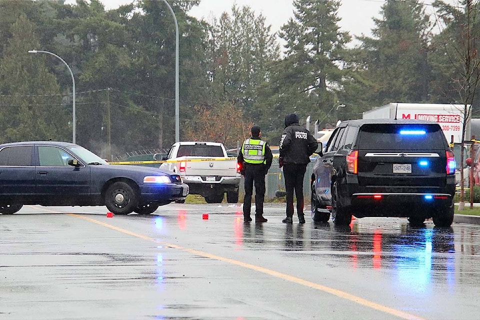 Police and other first responders were on the scene of a pedestrian collision involving a pickup truck Friday morning (Dec. 1) at Townline Road and Wheel Avenue in Abbotsford. (Photo by Shane MacKichan) 