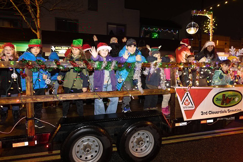 The 3rd Cloverdale Scouts roll along 176th in Cloverdale in 2023 as part of the 16th annual Surrey Santa Parade of Lights. The 17th annual event rolls Dec. 1. (Photo: Jason Sveinson) 