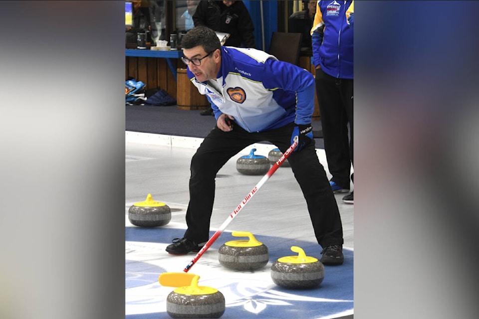 B.C. lead Ron Schmidt of Duncan calls out instructions to the sweepers during men’s action at the 2023 Everest Canadian Senior Men’s and Women’s Curling Championships Monday, Dec. 4, at the Vernon Curling Club. (Facebook photo) 