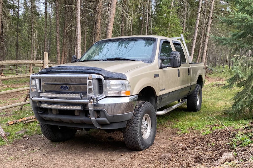 Chase Fraser’s truck, a 2001 gold Ford F350, was stolen from the Thompson Rivers University upper parking lot as he attended his morning class, between 8:30 and 9:30 a.m. on Dec. 5, 2023. (Photo submitted) 