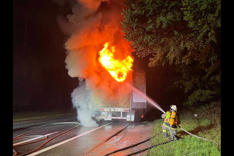 It was a long night for the Hope Fire Department after a semi-truck caught on fire on Highway 1 near Flood Hope Road. (Deputy Fire Chief Joshua Westcott) 