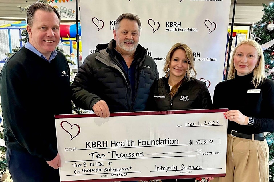 Integrity Subaru showed their support with a very generous donation of $10,000 during Light-Up the Hospitals! Pledge Day. The funds will be split between the Tier 3 Neonatal Intensive Care Unit the Orthopedic Enhancement Project. Owners of Integrity Subaru, Jim Laurie Philipzyk (middle) present their donation to KBRH Health Foundation Board Members Paul Butler (left) and Melissa Archambault (right). 