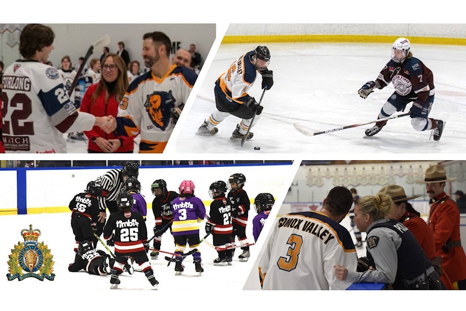 RCMP and first responders took on the Comox Valley Glacier Kings in an exhibition game to raise funds for the Wounded Warrior Run BC campaign. Photo montage supplied 