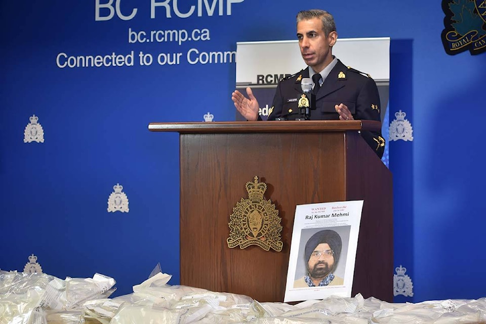BC RCMP Cpl. Arash Syed gave an update on truck driver Raj Kumar Mehmi, who fled to India while awaiting sentencing after being found guilty of smuggling cocaine across the Canada-U.S. border into B.C. He was sentenced in absentia to 15 years in prison, according to the BC RCMP, Syed confirmed at a press conference at BC RCMP Headquarters on Wednesday, Dec. 13, 2023. (Sobia Moman photo) 