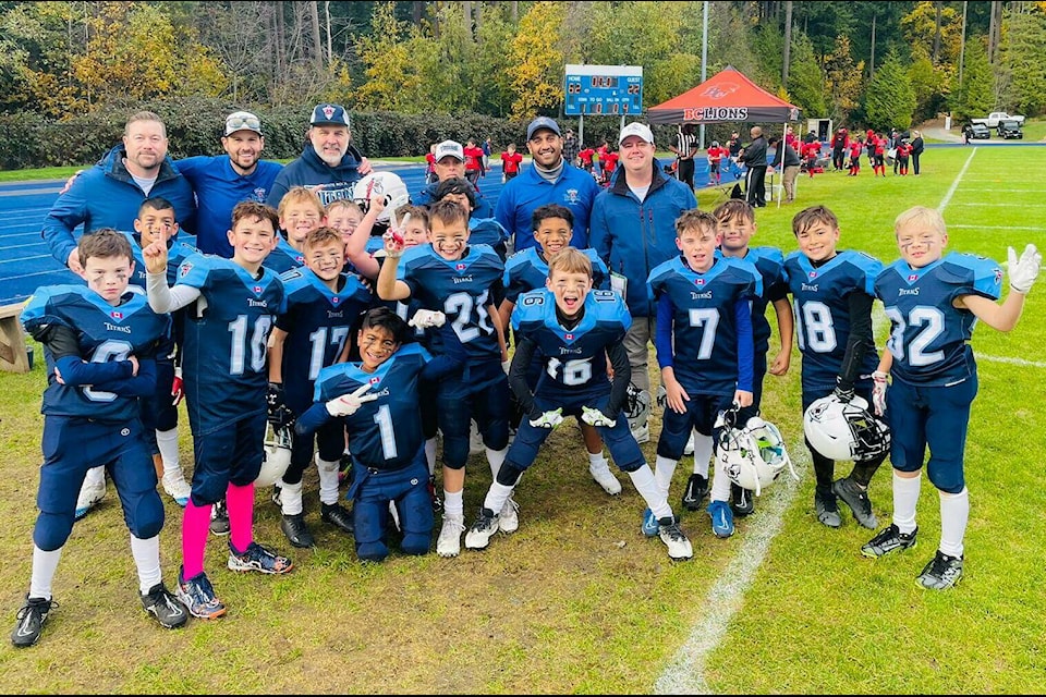 The White Rock South Surrey Titans minor football Atom (age 8-9) team are the VMFL and BCPFA provincial champions in the first-ever age category in B.C., winning 42-16 over Coquitlam Nov. 25 in Langley for the provincial title. (Contributed photo) 