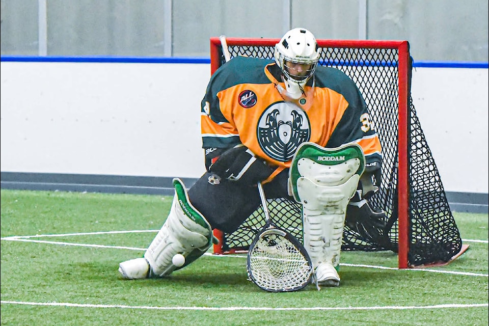 Colin Jeffrey made 55 saves on 60 shots as the Shooting Eagles defeated the Grizzlies 14-5 in Arena Lacrosse League West Division action at 91ԭ Events Centre on Dec. 17. (Ryan Molag/Special to 91ԭ Advance Times) 