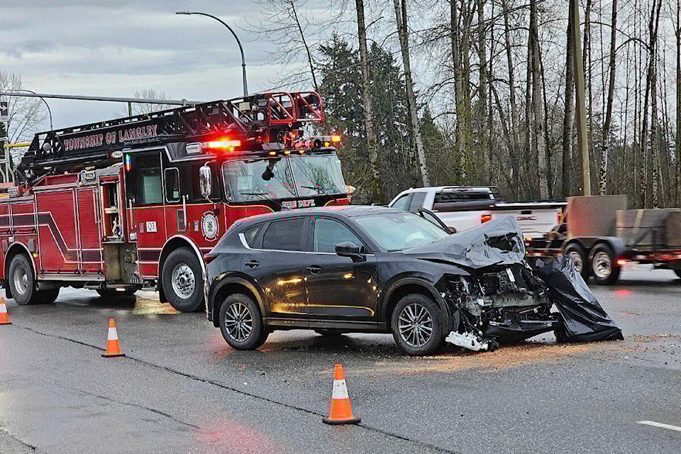  One of the vehicles involved in a Tuesday morning crash on Fraser Highway near 232nd Street in 91ԭ. (Dan Ferguson/91ԭ Advance Times) 