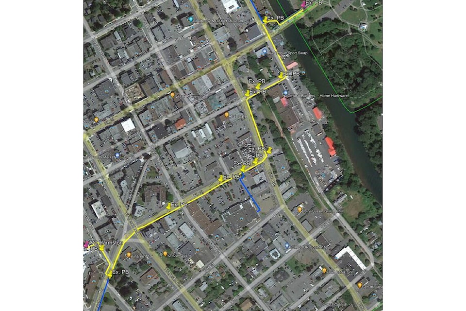 The yellow highlighted area will be less disruptive as existing fibre ducting is being used. The top of the map is the 5th Street Bridge. The main artery through the middle is 8th Street. 