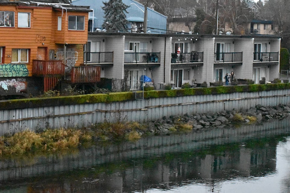 The retaining wall “area of greatest risk” of failure is seen against the Courtenay River. (Connor McDowell/Comox Valley Record) 
