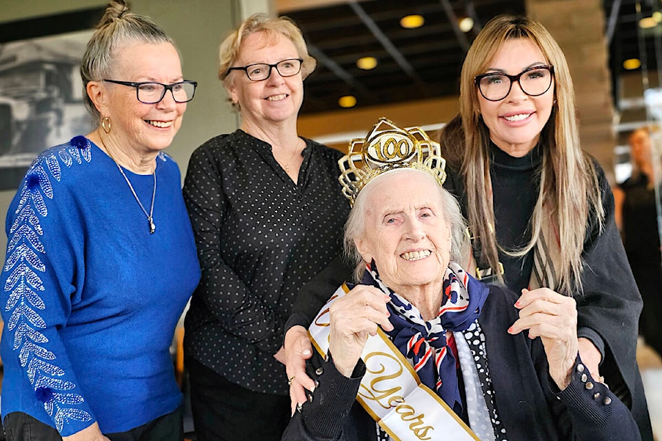 Helen Odin celebrated her 100th birthday with family on Sunday, Dec. 17 in Murrayville, including (left to right), daughter Joanne Odin, Niece Patricia Nielsen and granddaughter Jennifer Hamilton. (Dan Ferguson/Langley Advance Times) 