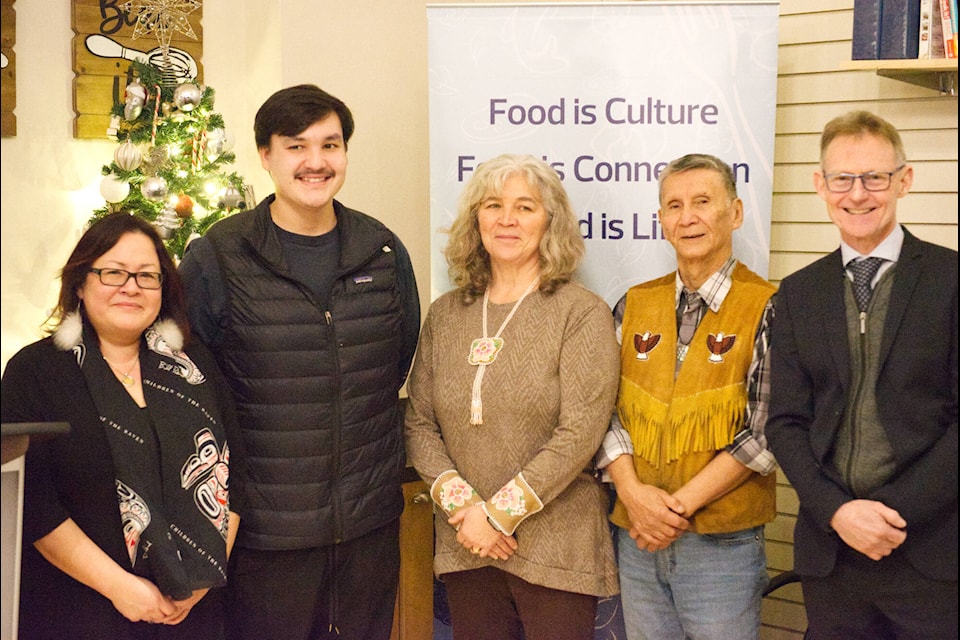 From left to right: CanNor regional director Torrine Johnson, youth Isaiah Devilliers, Elder Roger Ellis, Yukon First Nation Education Directorate executive director Melanie Bennett and Yukon member of Parliament Brendan Hanley at the funding announcement for the Northern Food Innovation Challenge in Whitehorse on Dec. 18. (Patrick Egwu/Yukon News) 
