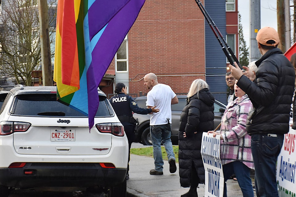 Those for and against SOGI 123 rally outside the Maple Ridge Pitt Meadows School District on Thursday, Dec. 21. (Colleen Flanagan/The News) 