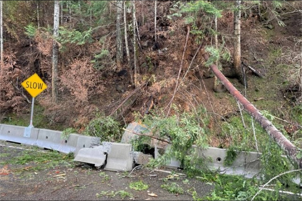 A tree and two boulders were dislodged from Cameron Bluffs, forcing closure of Highway 4 east of Port Alberni on Christmas Day. (MINISTRY OF TRANSPORTATION AND INFRASTRUCTURE PHOTO) 