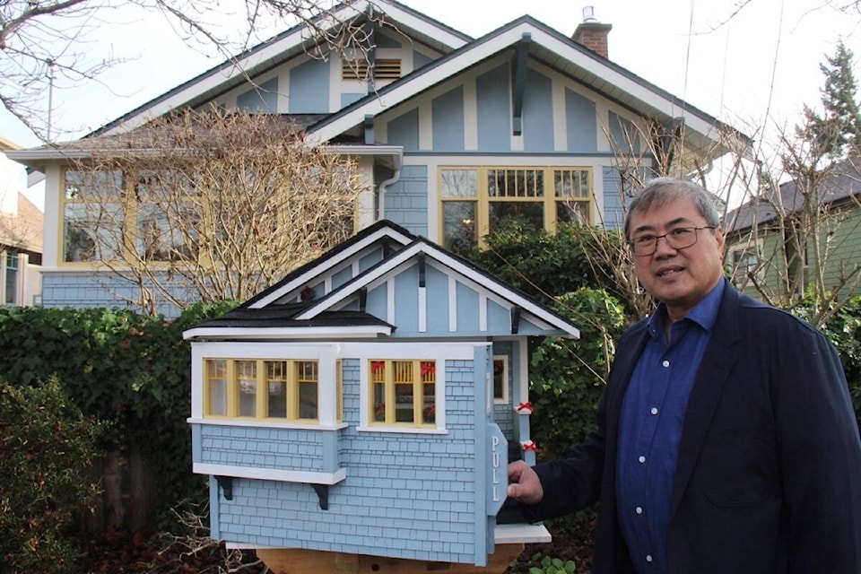 Ray Young upcycles old wood pallets into incredible things, including libraries like this Oak Bay book box that matches its Hampshire Road human-sized home, through his company I Used To Be A Pallet. (Christine van Reeuwyk/News Staff) 