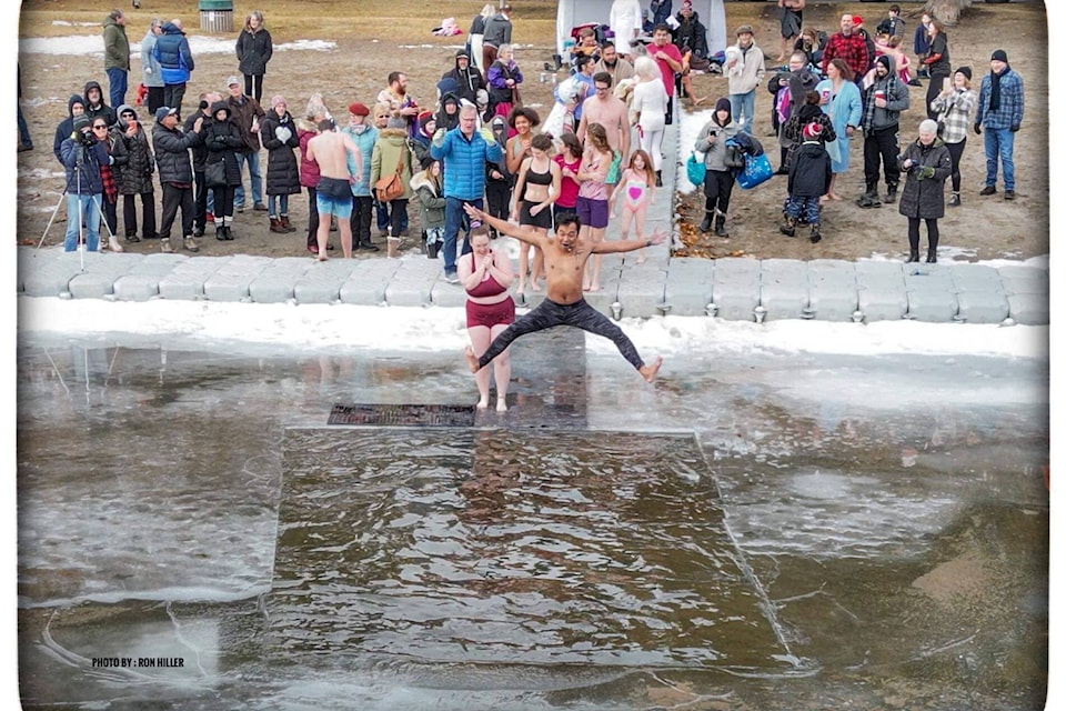 It was so cold in Osoyoos on New Year’s Day 2023, that they had to break the ice to do the polar bear plunge. This year is at Gyro Park at noon. (Ron Hiller photo) 