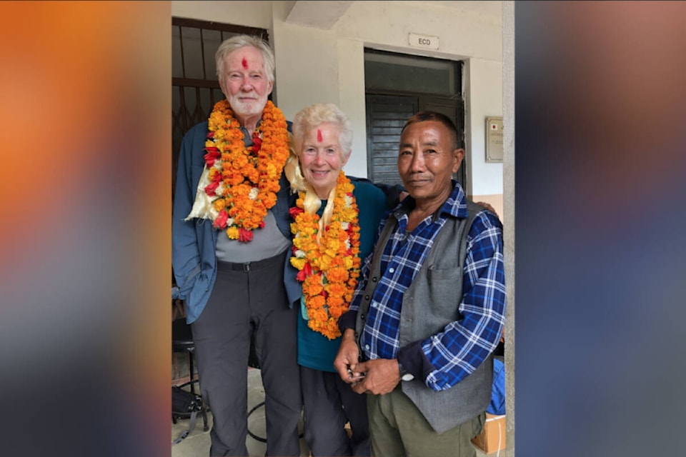Vernon husband/wife hikers Barry Hodgins (left) and Patti Shales Lefkos reunite with Devi Jal Kumari staff member Mongol Bahadur Gurung during the pair’s recent 800-kilometre trek on the Great Himalaya Trail in Nepal. (Contributed) 