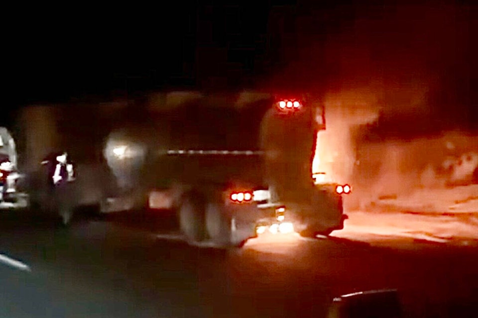 A tanker caught fire north of Clinton on Friday evening closing Highway 97. (Image courtesy of Skilled Truckers Canada) 