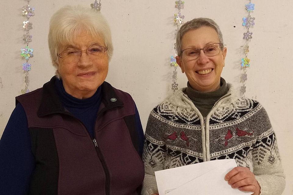 (L-R) Thompson Nicola Regional District Area O Director Jill Hayward is shown presenting Anti-Violence Advocates Society president Lynn Wright with a $7,800 Covid-19 Safe Restart Grant. The grant will assist the society with funding to once again be able to provide their very successful “Circle” Project and “Respect” Project in Barriere schools. The project educates youth about their rights, what a respectful relationship looks like, bullying, alternative lifestyle acceptance, violence in the home/school and much more. (Bev Murphy photo) 