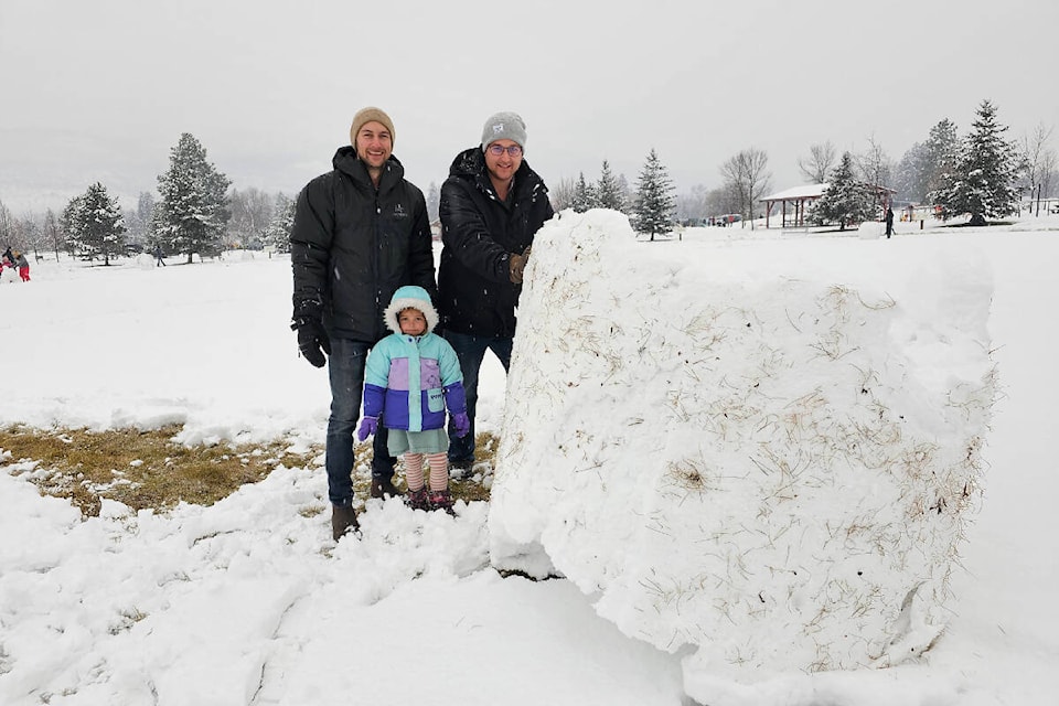 This family was rolling the biggest snowball in the park during Winterfest 2023 in Barriere on Dec. 10. L-R: Brock Jaeb, Darcy Jaeb, and 4 year old Clara Jaeb. (Photo by: Michelle Johnson) 