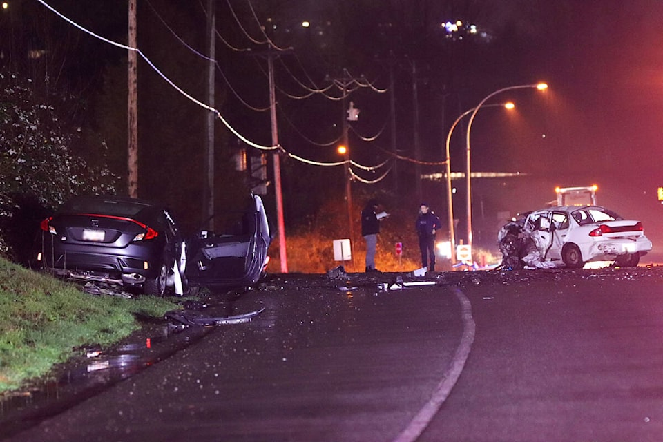 One person was killed in a major collision that involved two vehicles on the Haney Bypass on Jan. 5. (Shane MacKichan/Special to The News) 