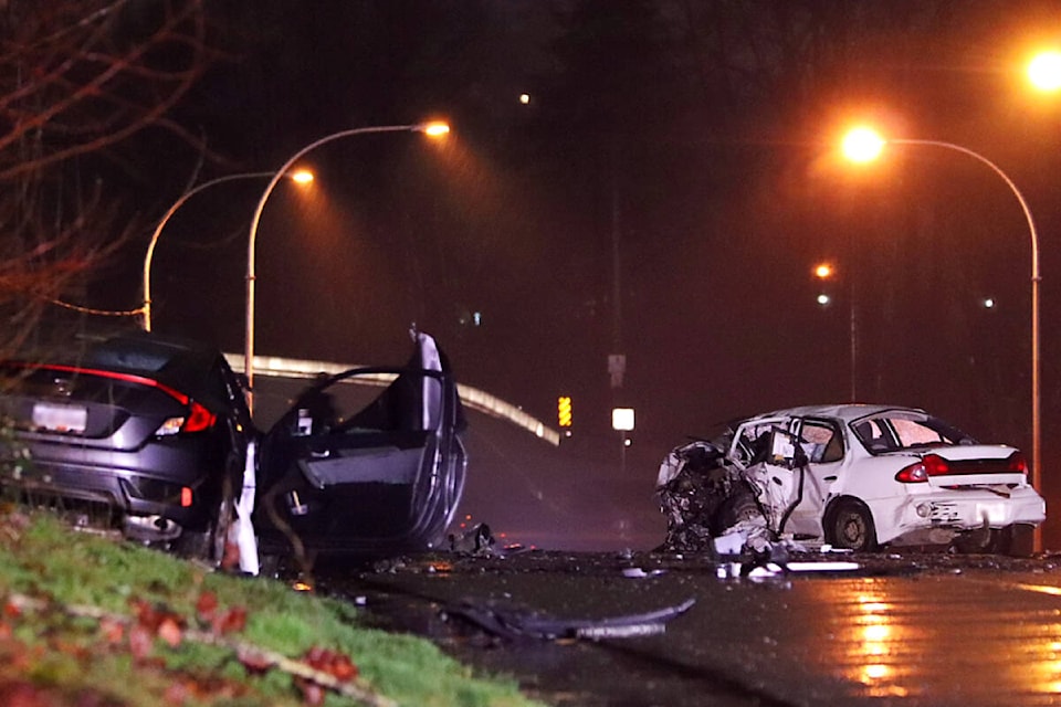 One person was killed in a major collision that involved two vehicles on the Haney Bypass on Jan. 5. (Shane MacKichan/Special to The News) 