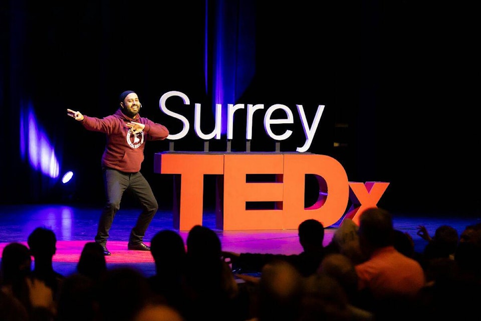 Mandeep Sarkaria teaching attendees Bhangra at TEDxSurrey at the Bell Performing Arts Centre in Surrey on Saturday, Jan. 20, 2024. (Photo: Anna Burns) 