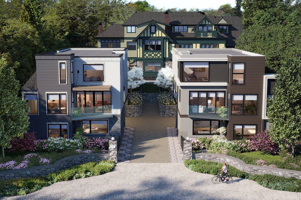 In the proposal, a shift of the driveway would see the rejuvenated heritage home peek from between two new infill houses on Beach Drive in Oak Bay. (Courtesy Mike Miller) 