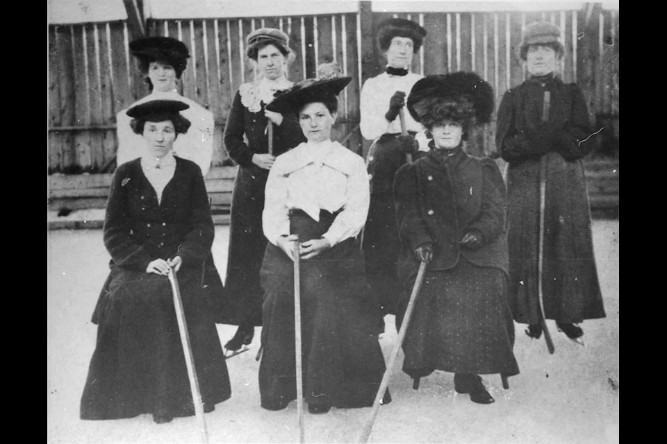 The Lardeau region was one of the earliest areas in the B.C. interior to take to the booming sport of ice hockey, as shown here by this portrait of the Ferguson women’s hockey team, 1907. Do you know when the Canadian Women’s Hockey League was formed? (AL Historical Society) 