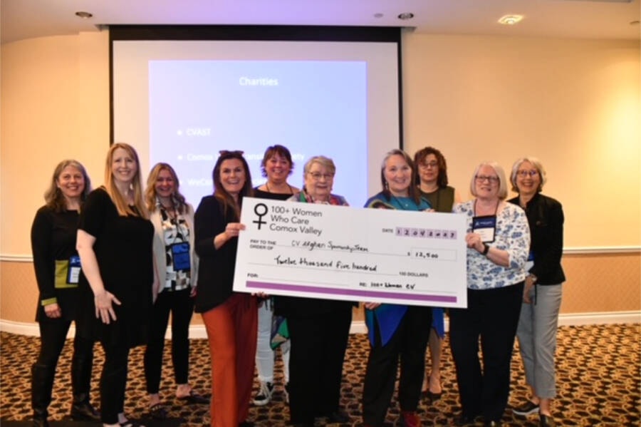The Comox Valley Afghan Sponsorship Team (CVAST) received $12,500 from the 100+ Women Who Care. Sherry MacLeod presented on behalf of the organization at the quarterly meeting in April. CVAST was voted from among three nominated charities to receive the donation. To learn more about 100+ Women Who Care or to become a member visit https://www.100womenwhocarecomoxvalley.com 