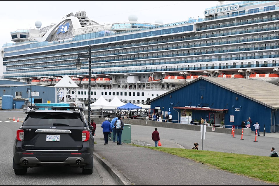The enormous Ruby Princess docked at the Northland Cruise Terminal in August. After nearly 81,000 passengers arrived in Prince Rupert this past year, the PRPA is looking to continue to cash in on cruises visiting the city. (Seth Forward/The Northern View) 