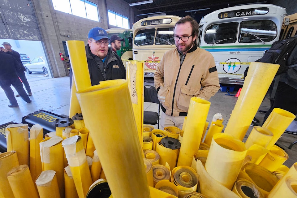 Rolled-up bus side direction signs at the Transit Museum Society’s yard sale at its warehouse in the 20300 block of 62nd Avenue in 91ԭ on Dec. 10.(Dan Ferguson/91ԭ Advance Times) 