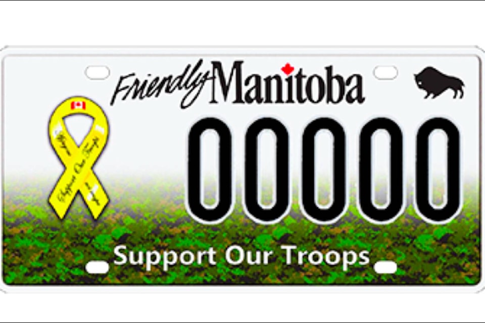 The Manitoba example of the Support Our Troops license plate. Quesnel/Prince George resident Eric Depenau is lobbying to have B.C. join this program. (Save Our Troops image) 