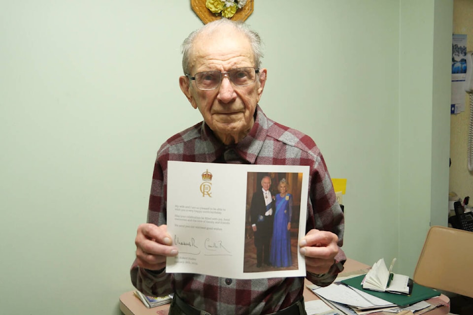 Former Navy stoker Robert ‘Bob’ Haden shows off his centenary letter from King Charles. Haden will turn 100 years old on Jan. 18. (News Staff/Thomas Eley) 