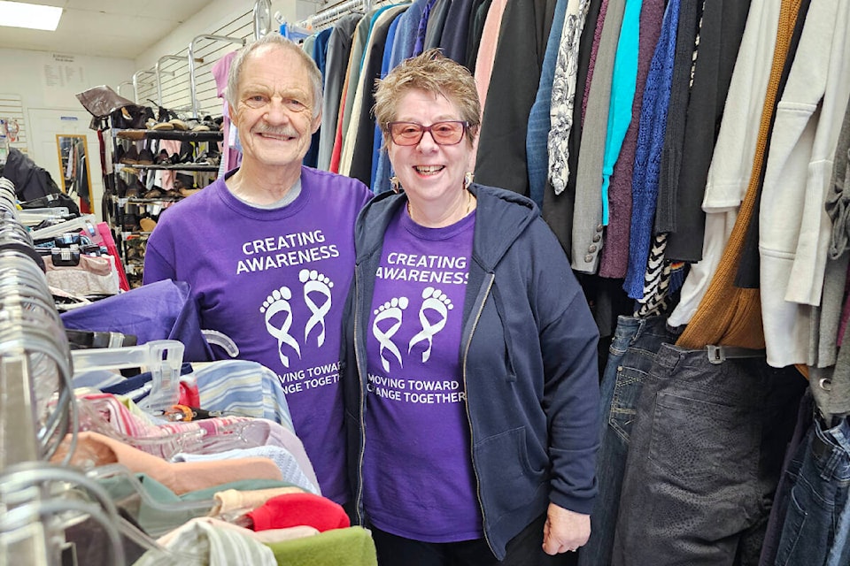 Aldergrove’s Fibromyalgia Well Spring Foundation Thrift Shop business manager Nigel Thom and Cheryl Young, founder and executive director. They are about to move, from the store’s soon-to-be demolished Aldergrove location to another site in the community/ (Dan Ferguson/Langley Advance Times) 
