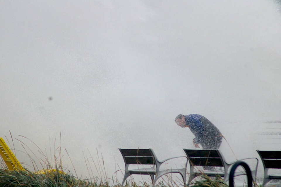 Waves wash over Dallas Road and storm watchers in Victoria on Jan. 9. (Black Press Media file photo)