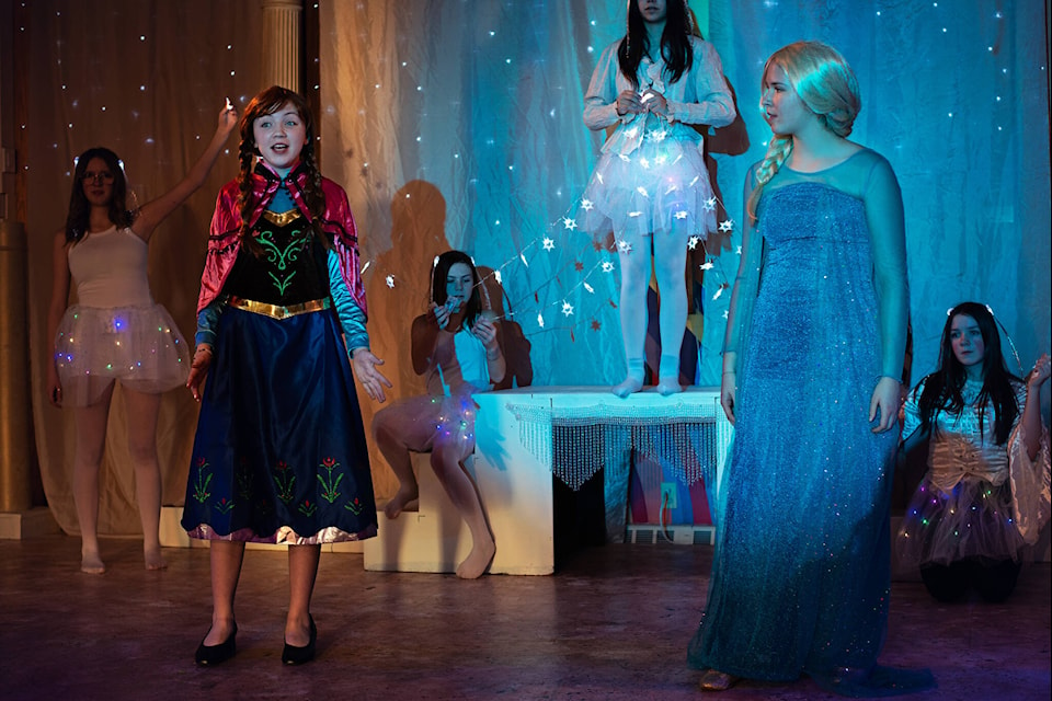 The cast of Bashaw School’s junior high drama class’s production of Frozen JR rehearing Jan. 4. (Photos by Kelly Wilson/submitted) 