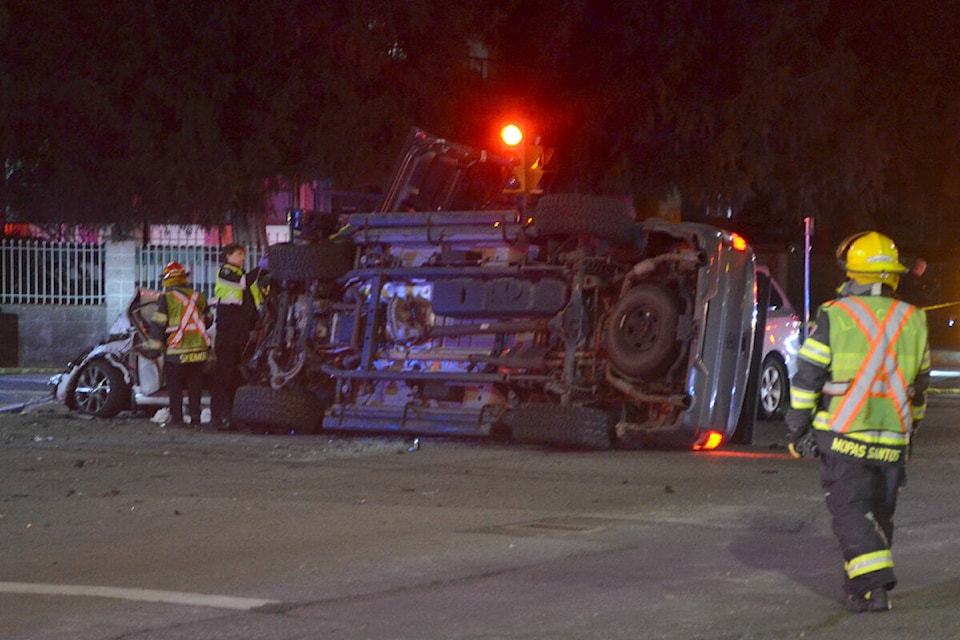 At least three cars were involved in the collision in the intersection of 201A Street and 56th Avenue on the evening of Thursday, Jan. 11. Two more cars were involved in a crash about 50 metres to the east on 56th Avenue. (Matthew Claxton/91ԭ Advance Times) 