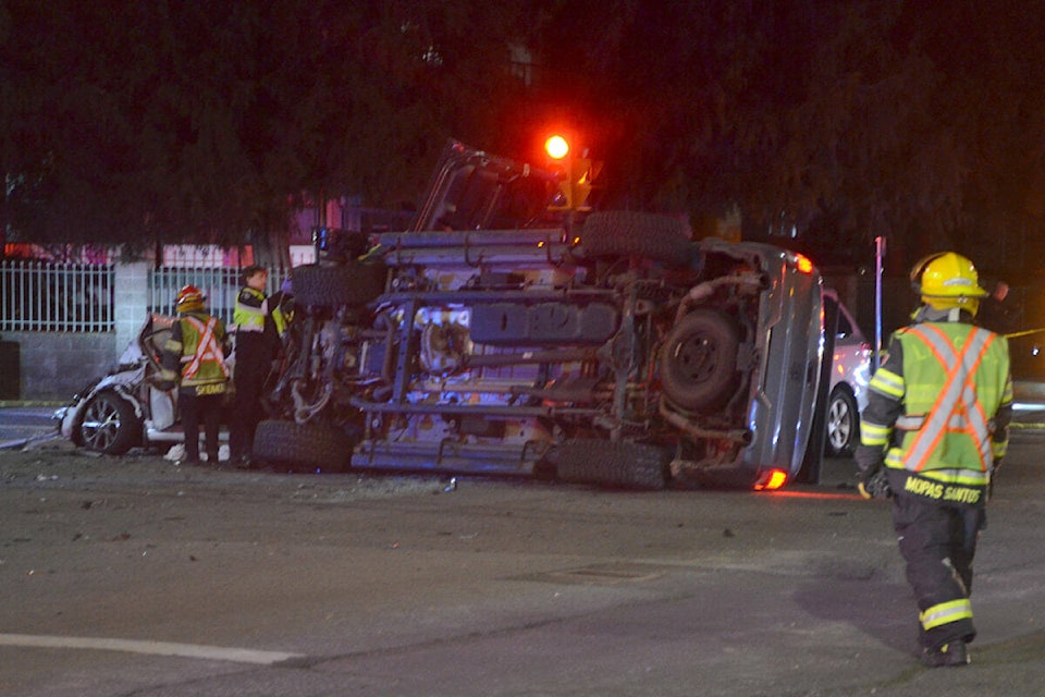 At least three cars were involved in the collision in the intersection of 201A Street and 56th Avenue on the evening of Thursday, Jan. 11. Two more cars were involved in a crash about 50 metres to the east on 56th Avenue. (Matthew Claxton/Langley Advance Times) 