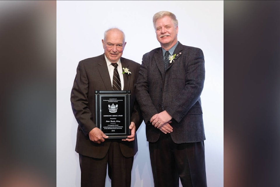 Coldstream’s Peter Tassie (left) was honoured in 2012 with the Community Service Award by the B.C. Association of Professional Engineers and Geoscientists. Tassie, well-known as a man of many hats in the North Okanagan, died peacefully at home Dec. 17 at age 96. (Morning Star - file photo) 