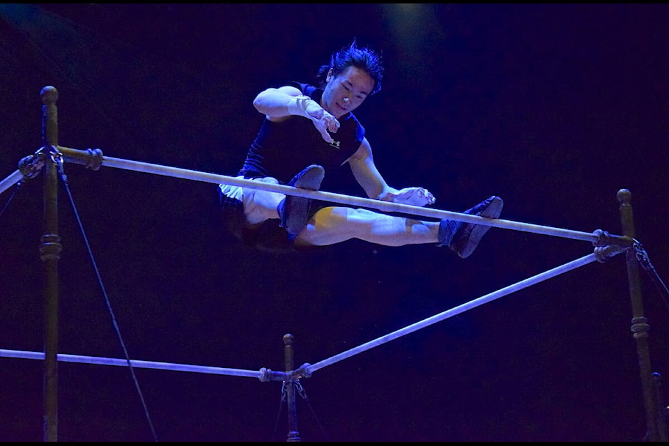 Cirque du Soleil aerial artist Tomoki Nishiyama prepares to perform Corteo in Victoria at the Save-On-Foods Memorial Centre. (Brendan Mayer/News Staff) 