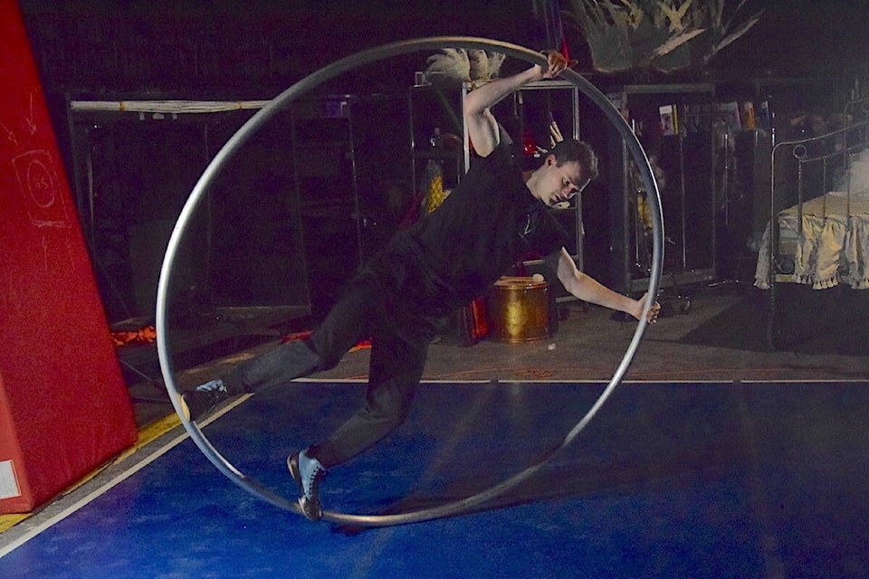 Cirque du Soleil artist Ben Van Overberghe prepares to perform Corteo at the Save-On-Foods Memorial Centre. (Brendan Mayer/News Staff) 