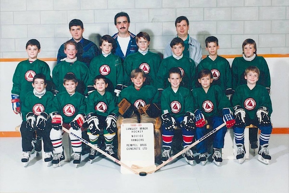 Back when he was starting out as an LMHA coach, Danny Franco (centre of back row, white shirt) posed for a photo with the novice Rangers team. As current president of the association, Franco is preparing for a 50th anniversary celebration for association members, alumni, partners and providers, and their families at the Langley Events Centre on Saturday, Jan. 27th. (Special to Langley Advance Times)  