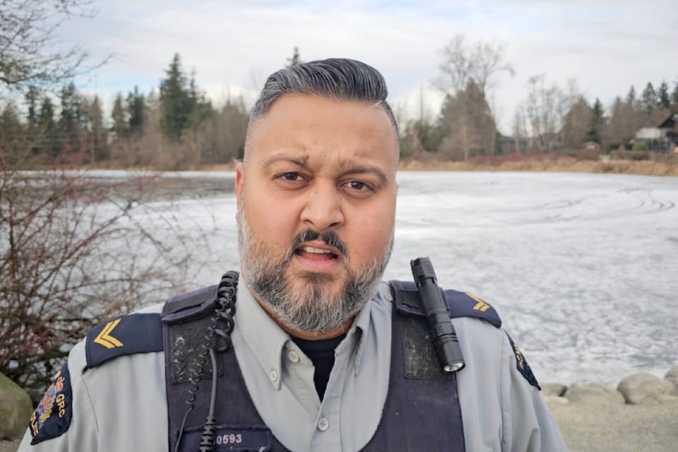 Langley RCMP Cpl. Zynal Sharoom said there was no risk to public safety after an ATV went through the ice at Brydon Lagoon on Tuesday, Jan. 16. (Dan Ferguson/Langley Advance Times 