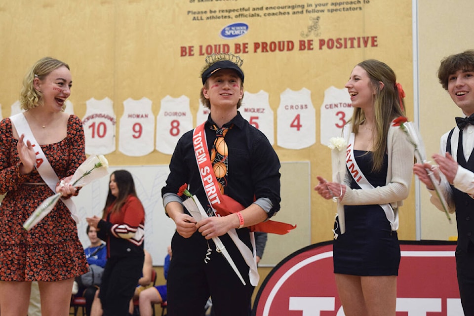 Totem Spirit winner Jace Fedirchuk (second from left) is congratulated by his fellow candidates. (ELENA RARDON / Alberni Valley News) 