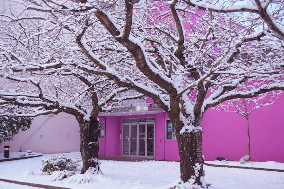 Fresh white snow contrasts against the bright pink of Campbell River’s Tidemark Theatre on Jan. 17, 2024. (Alistair Taylor/Campbell River Mirror) 