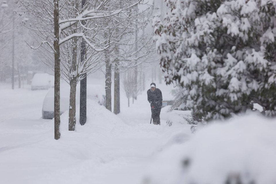A West Cloverdale resident begins to dig out a snow-covered Surrey sidewalk last January. Environment Canada has issued 2 weather alerts for snowfall and wintry conditions that are expected to last through Monday (Feb. 3, 2025). (Anna Burns/Surrey Now Leader) 